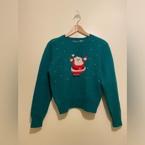 CARROLL REED Pure Wool Festive Green Sweater with Santa Design. Size S-M (40)